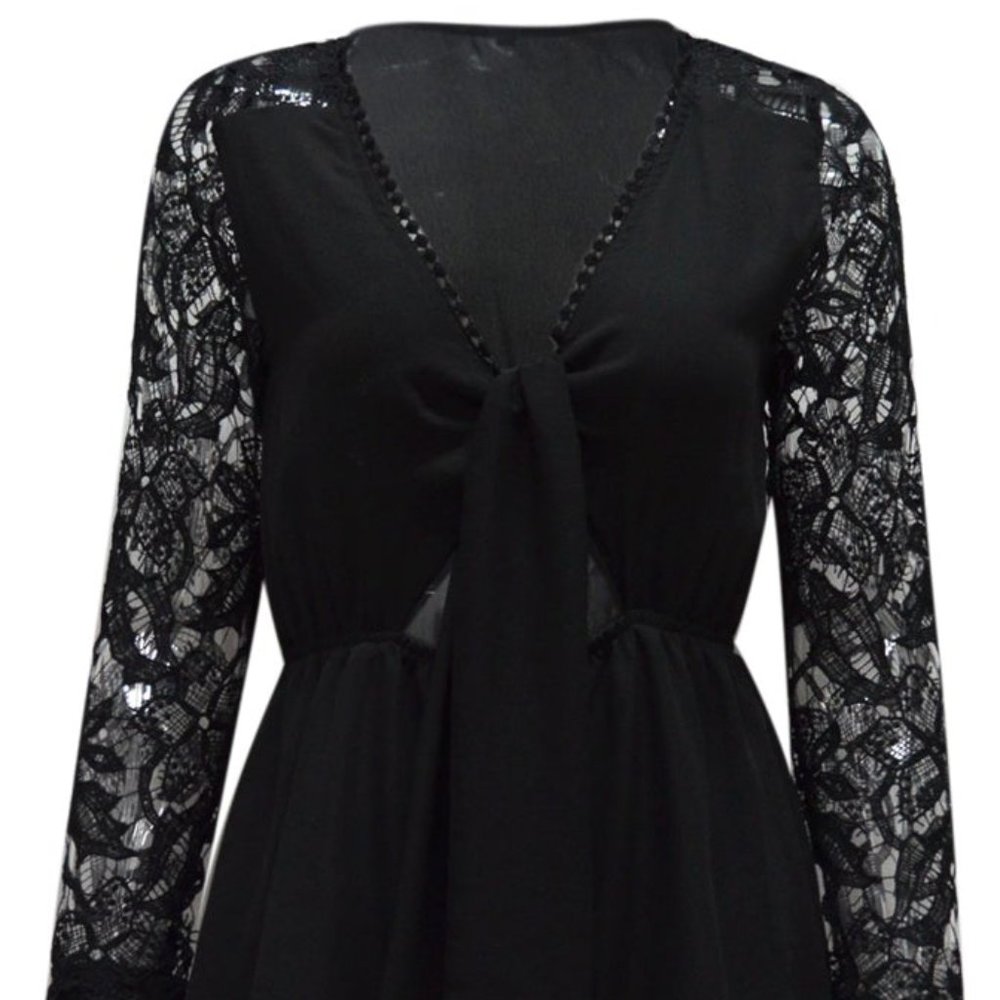 POINT OF VIEW BLACK LONG CROCHET SLEEVE ROMPER - Picture 6 of 10